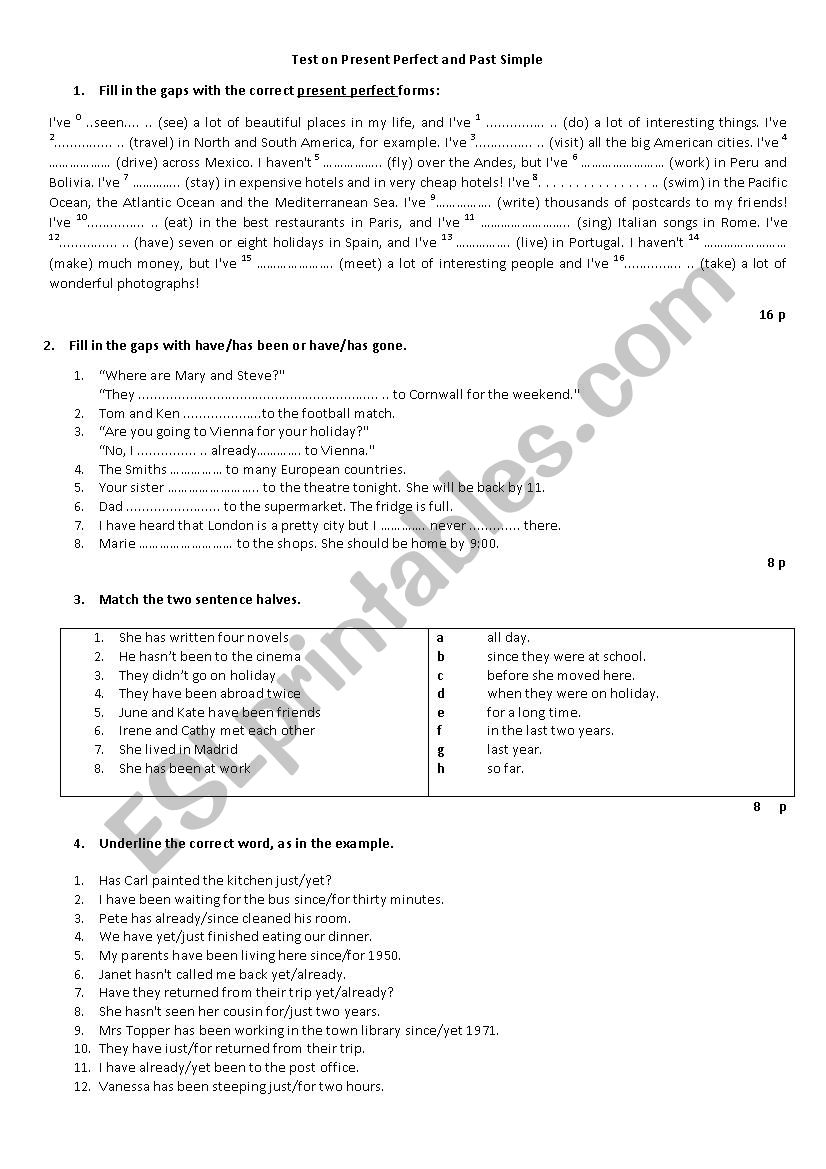 Test on Present Perfect and Past Simple