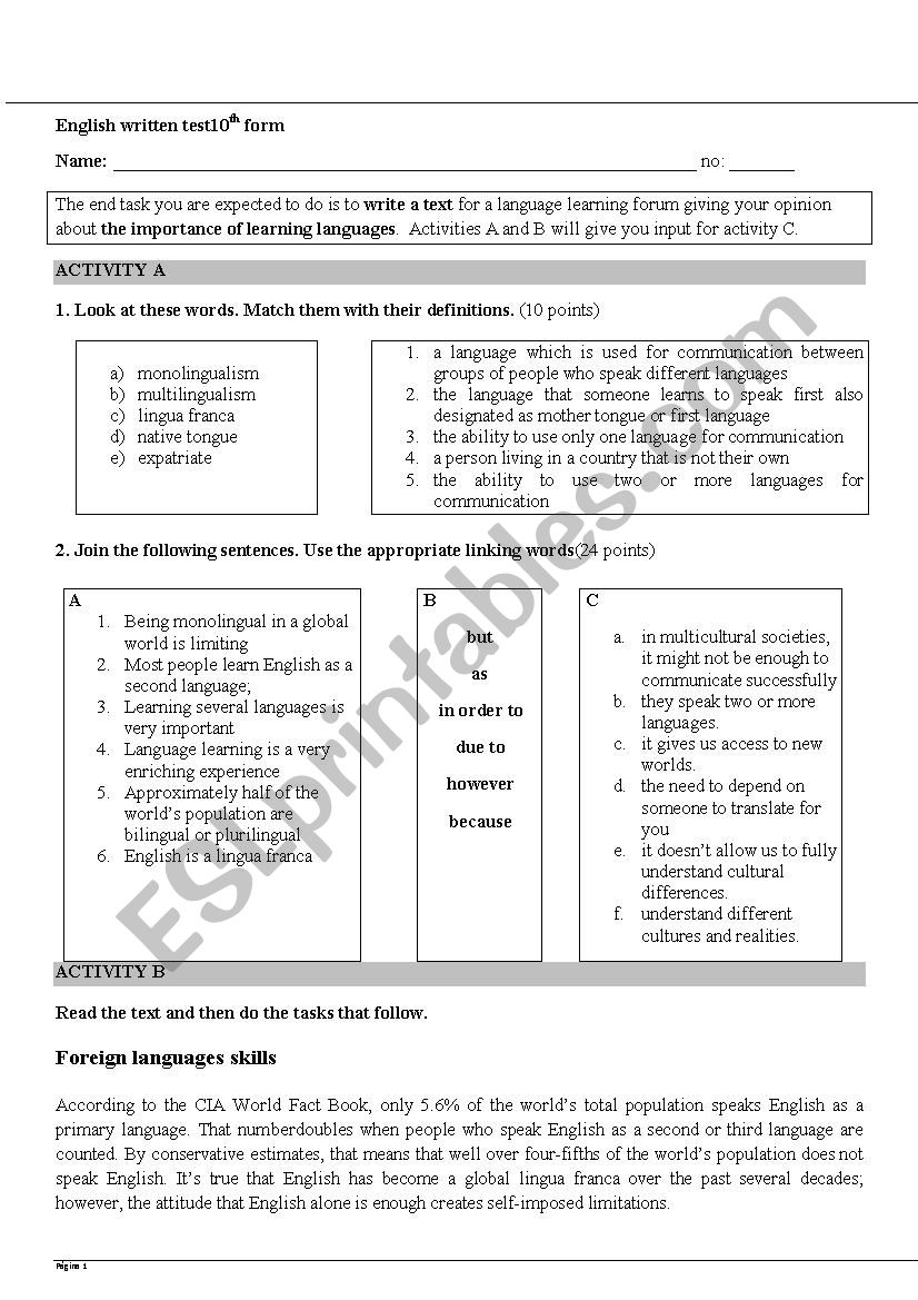 English Test 10th Grade worksheet