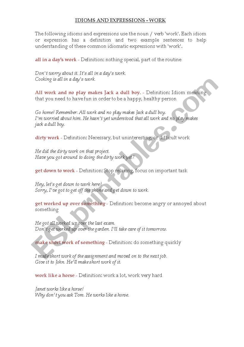 idioms about work worksheet