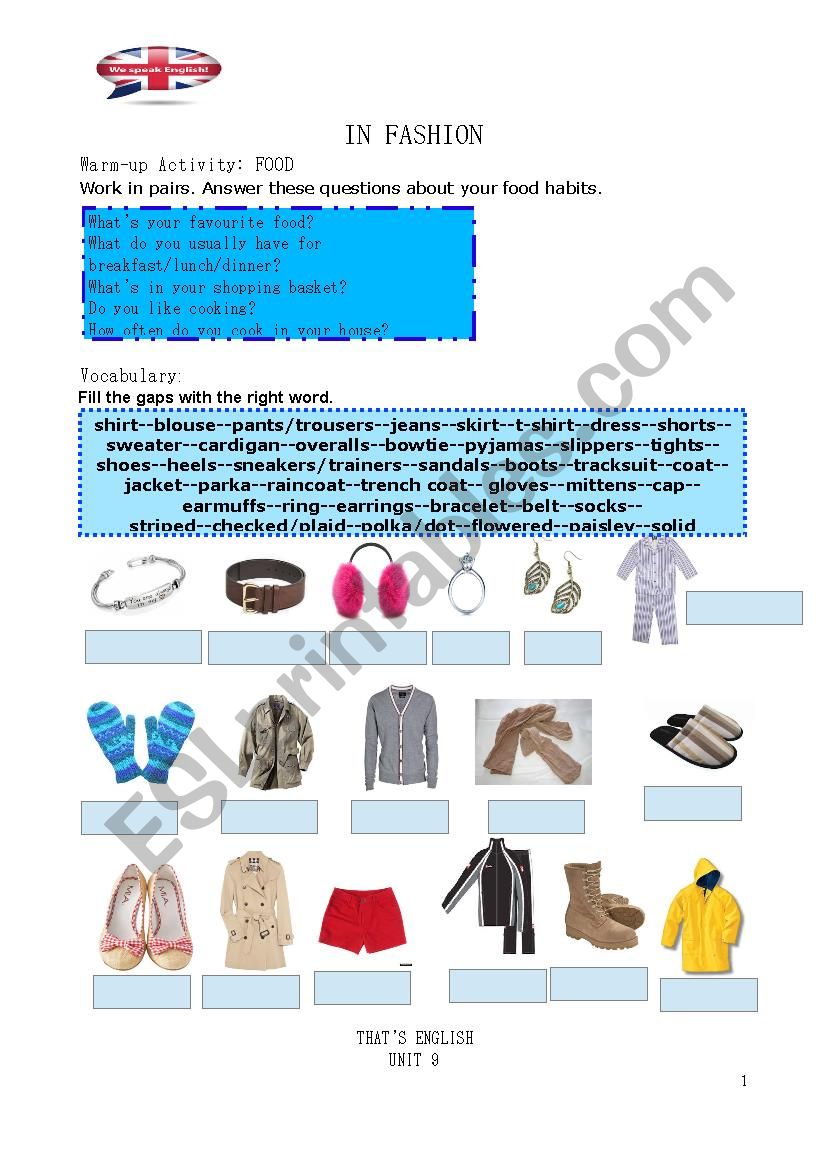 In Fashion Part 1 worksheet