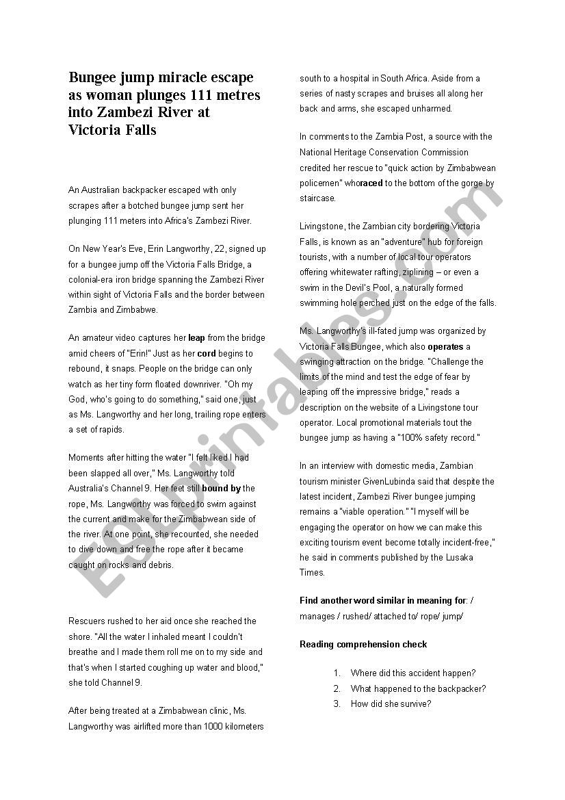 Reading Bungee Jump worksheet