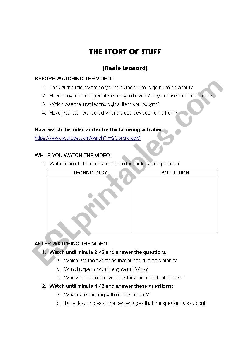 The Story of Stuff - ESL worksheet by debys Intended For The Story Of Stuff Worksheet