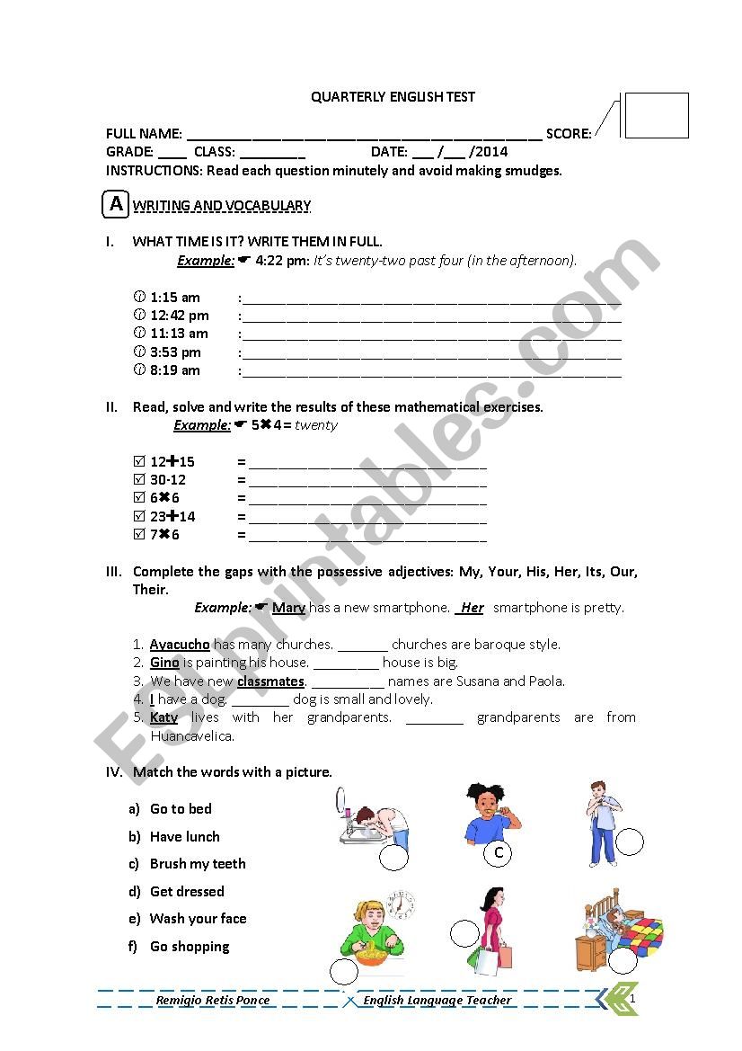 English Test - time, numbers, possessives, routines + reading