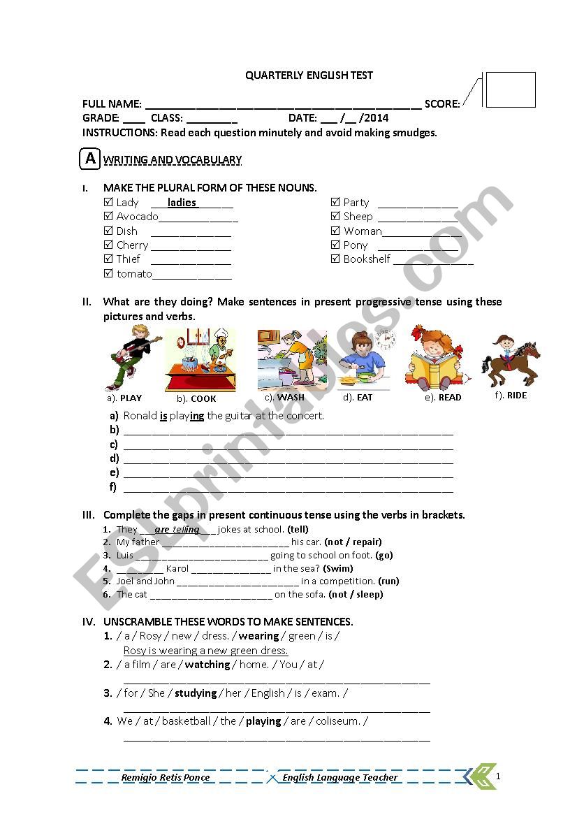 English Test - Plural nouns, present continuous + reading