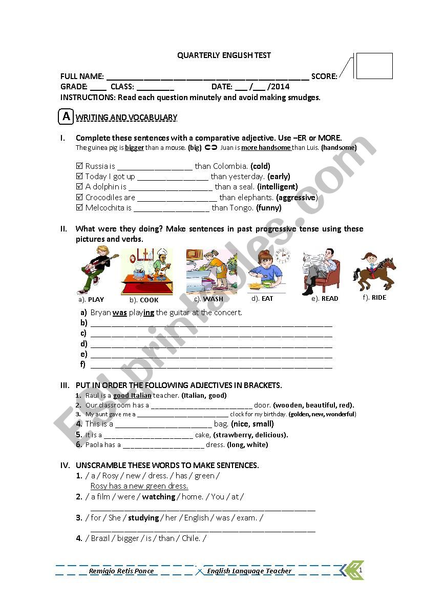 English Test - Comparatives, adjectives, past continuous + reading