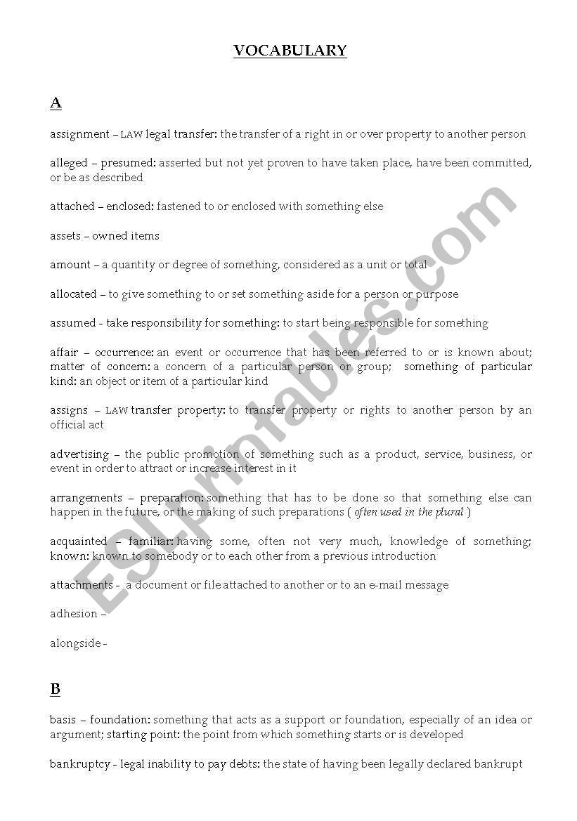 vocabulary about contracts worksheet