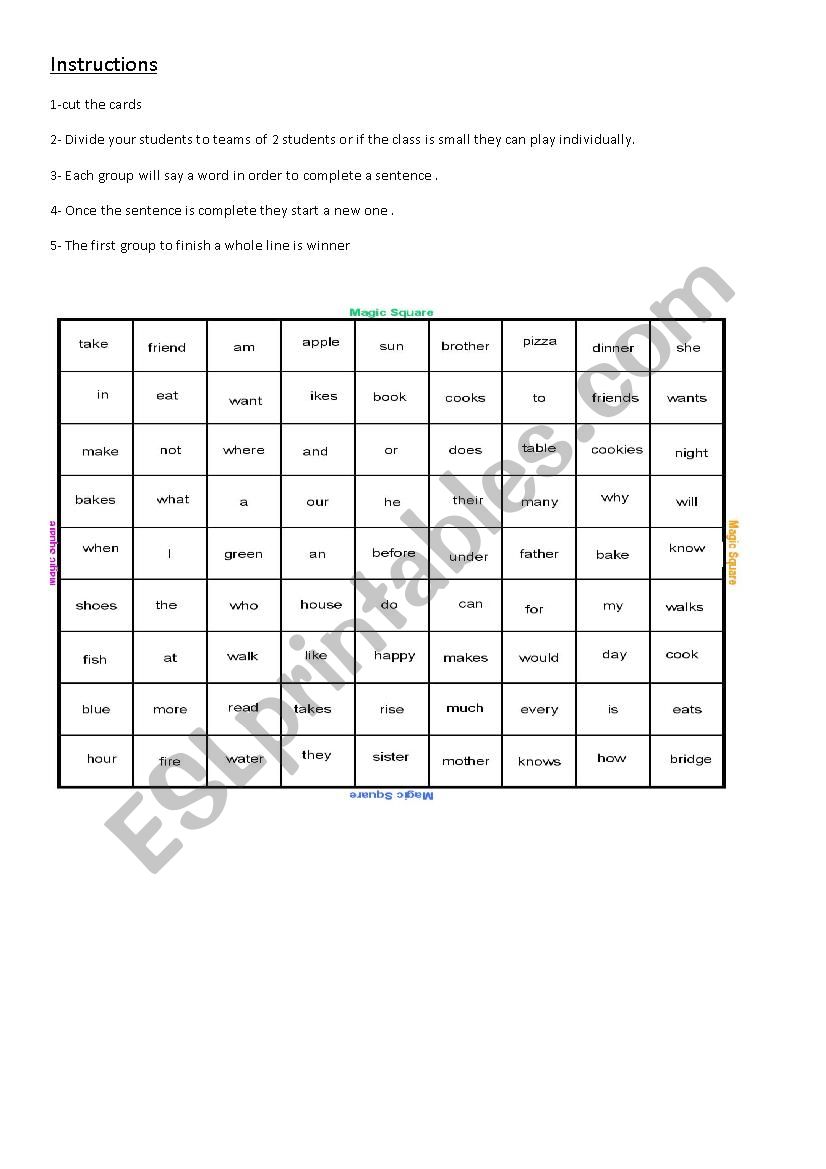 bingo game ( part 1) worksheet