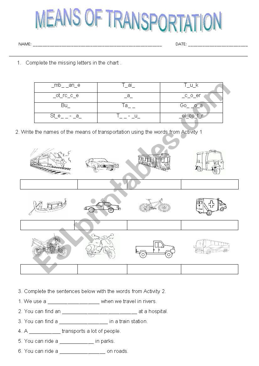 MEANS OF TRANSPORTATION worksheet