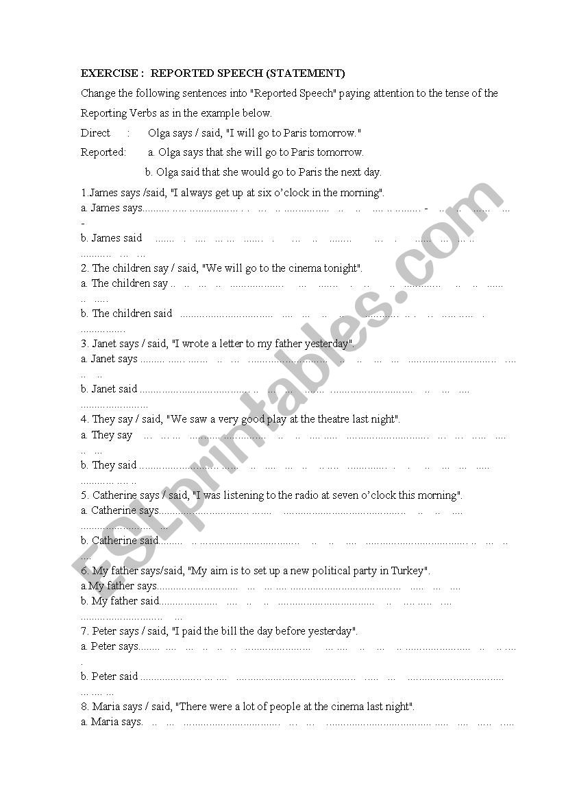 reported speech statements worksheet