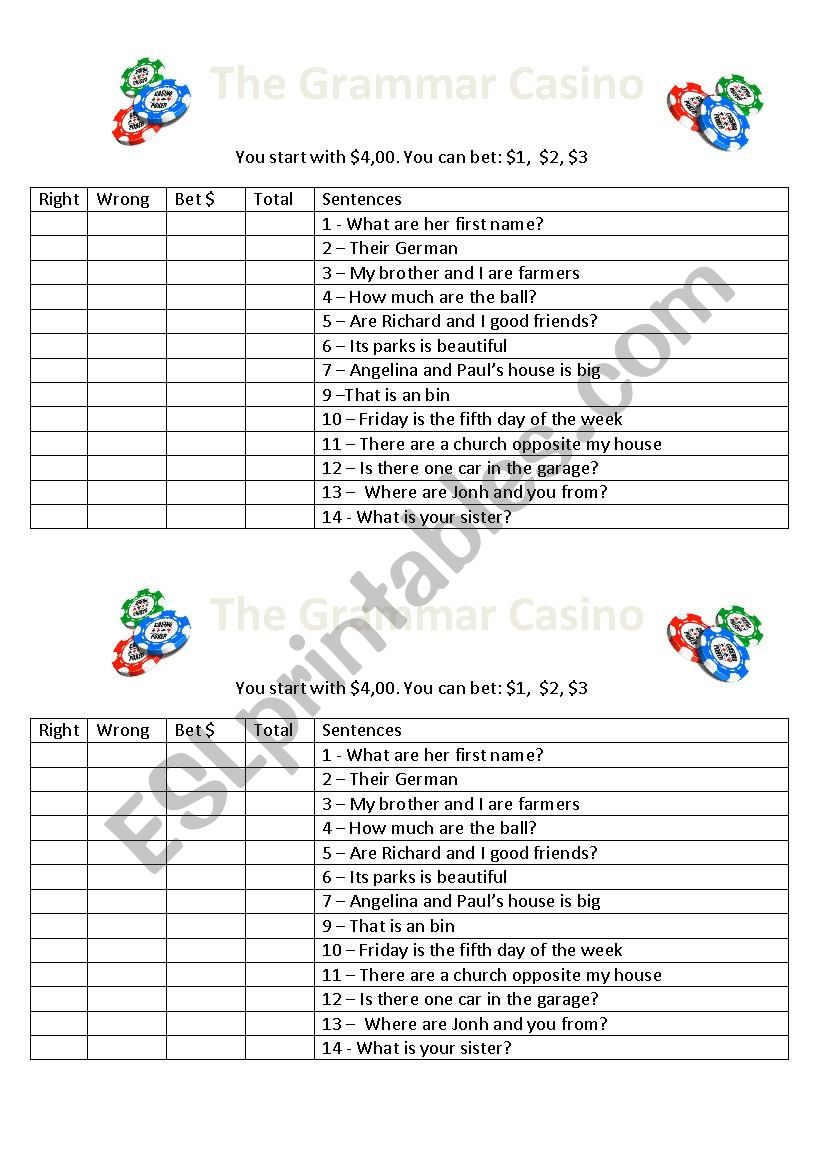 The Grammar Casino worksheet