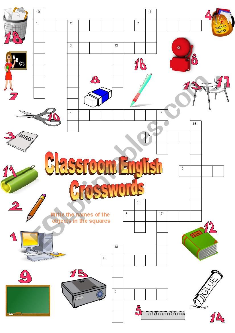 Classroom objects Crosswords worksheet