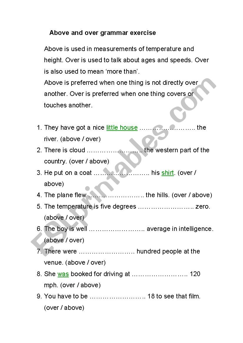 Above and over worksheet worksheet