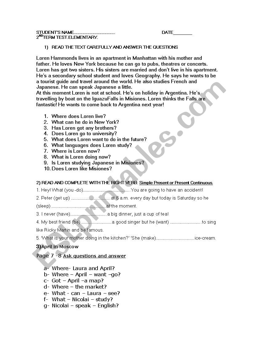 Term test for Elementary worksheet
