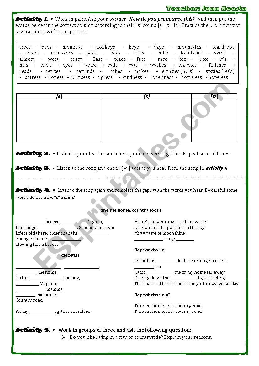 Country Roads Take Me Home Song Worksheet Esl Worksheet By Bomberito
