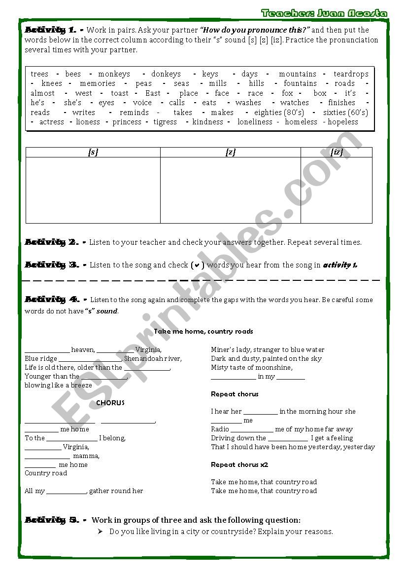 COUNTRY ROADS, TAKE ME HOME SONG WORKSHEET