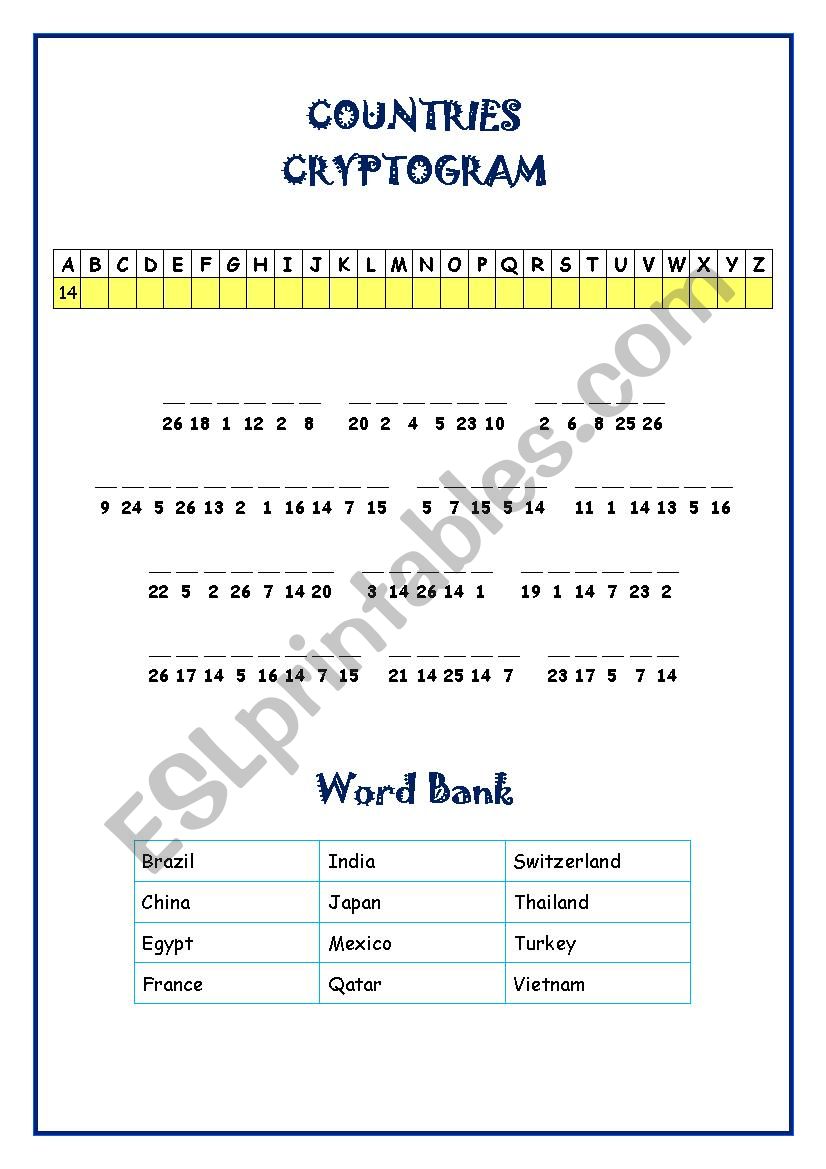 Countries Cryptogram worksheet