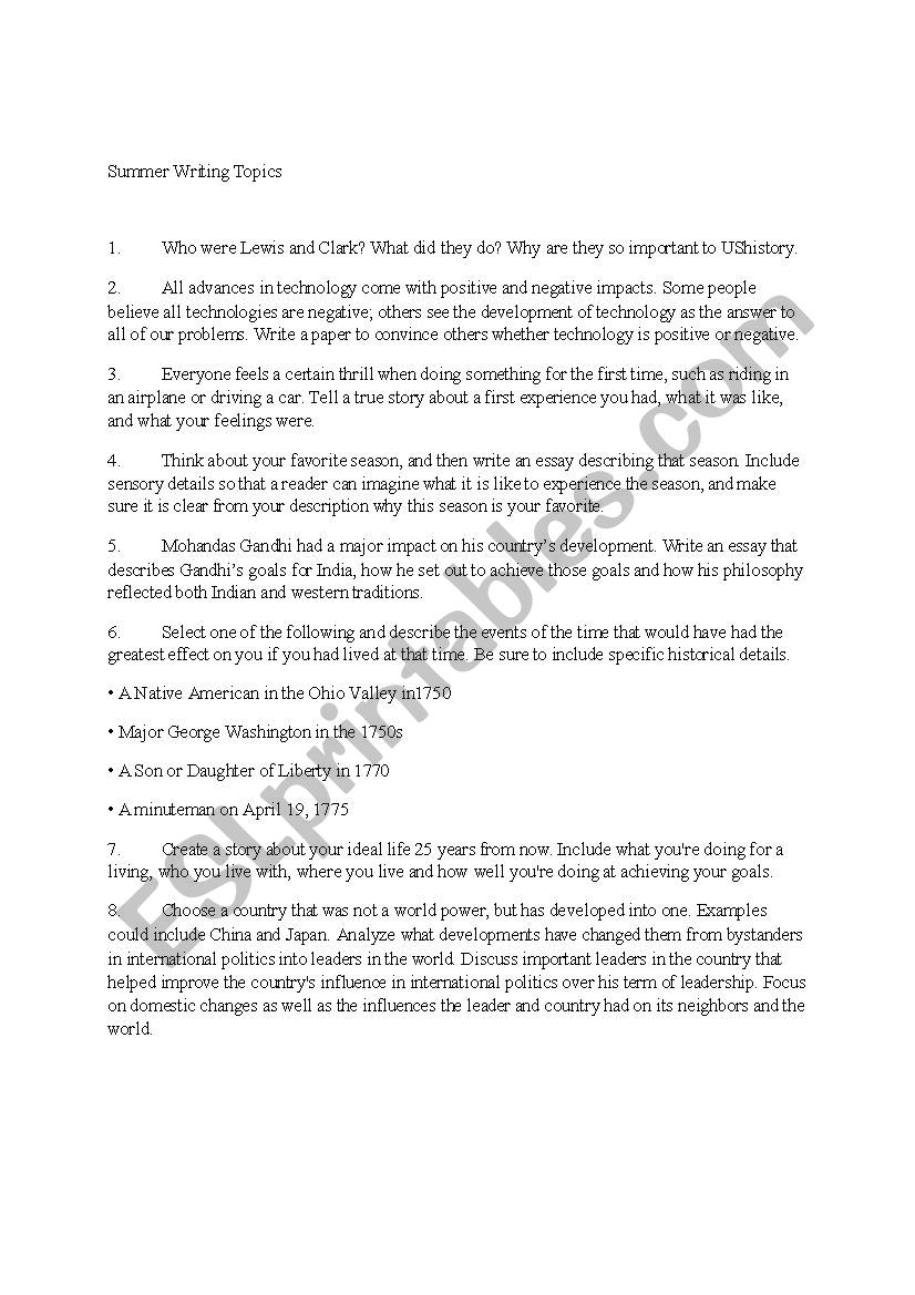 Summer Writing Topics worksheet