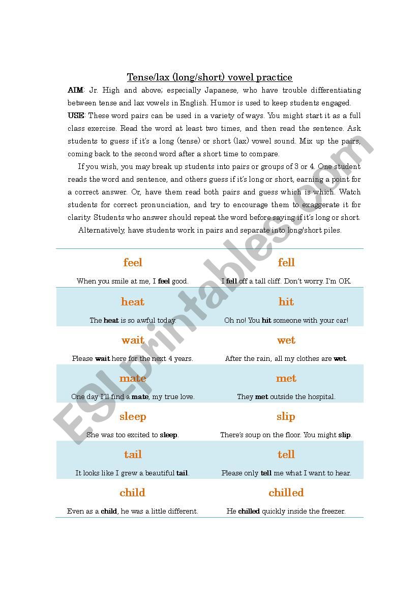 Tense / lax vowel practice (short/long vowels) for Japanese and other ELLs