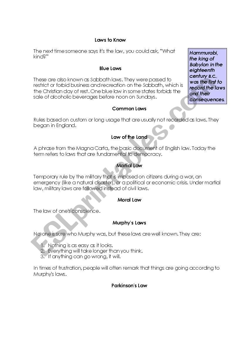 Laws to know worksheet