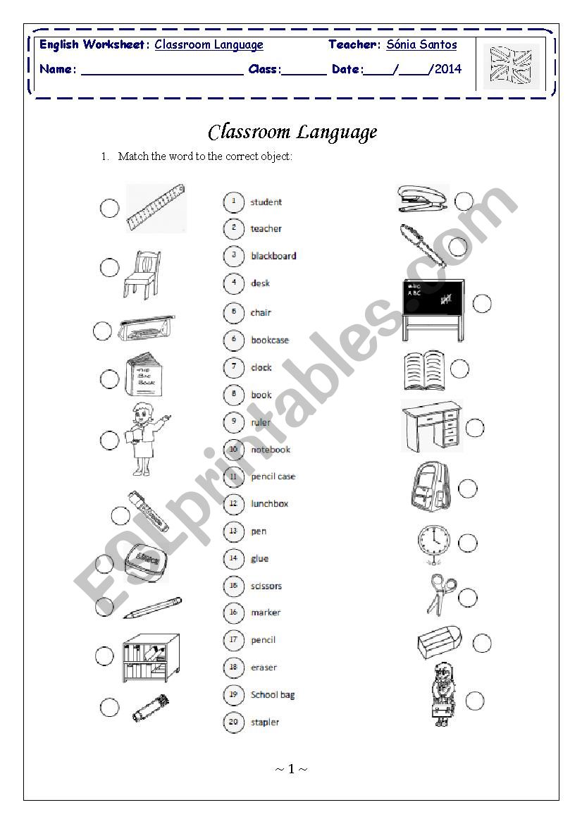 Classroom language worksheet