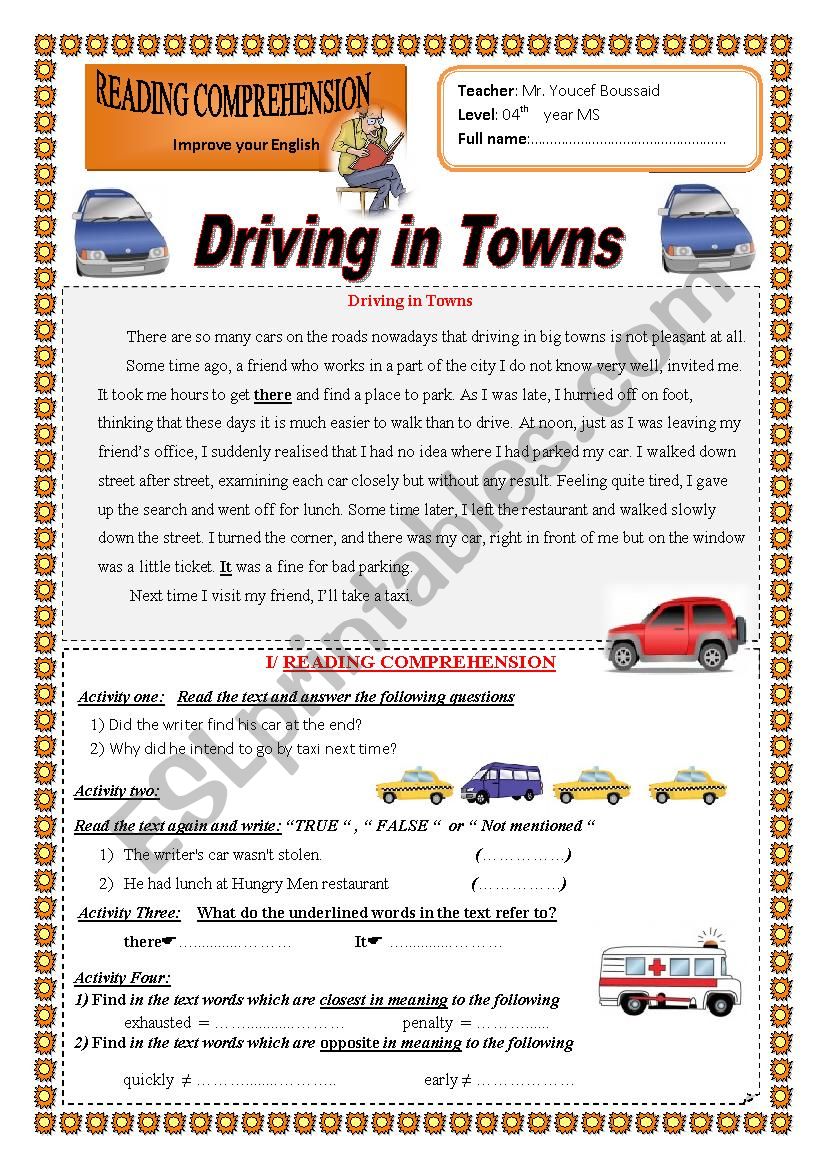 driving in towns esl worksheet by youper7
