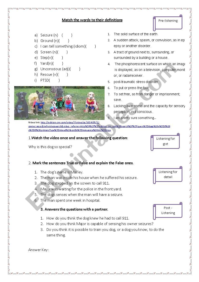 pre/while/ post listening activity about a dog who called 911 with answer key!