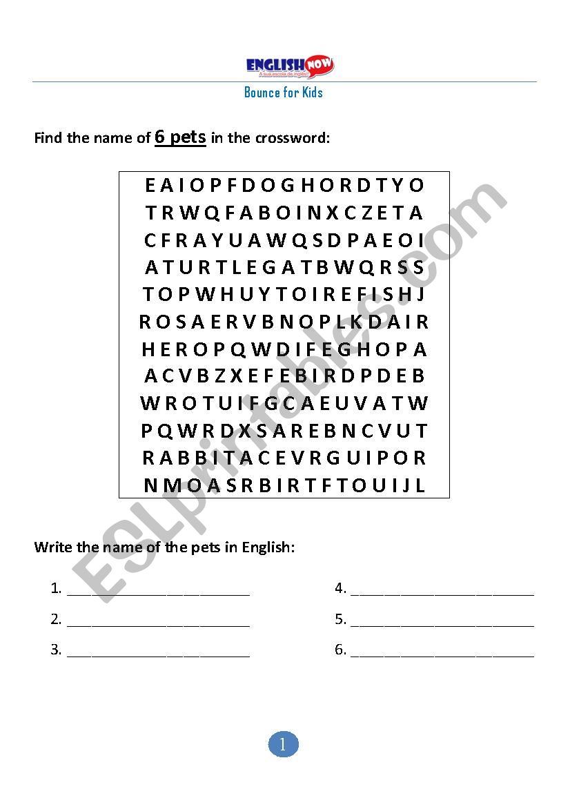 Pets crossword worksheet