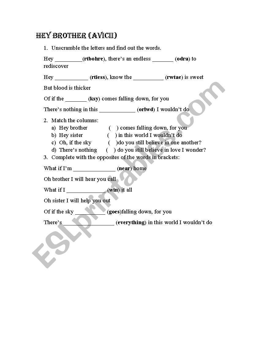 Hey Brother (Avicii) worksheet