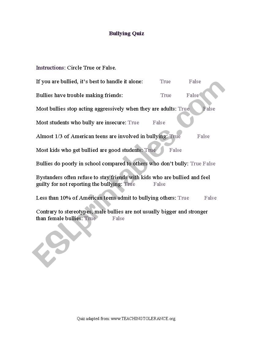 Bullying Interview worksheet