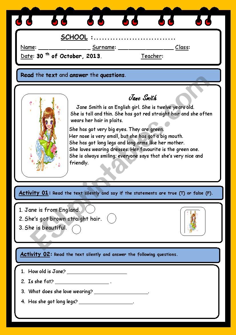 Describing Janes Smith. - Part 2- Learners worksheet.