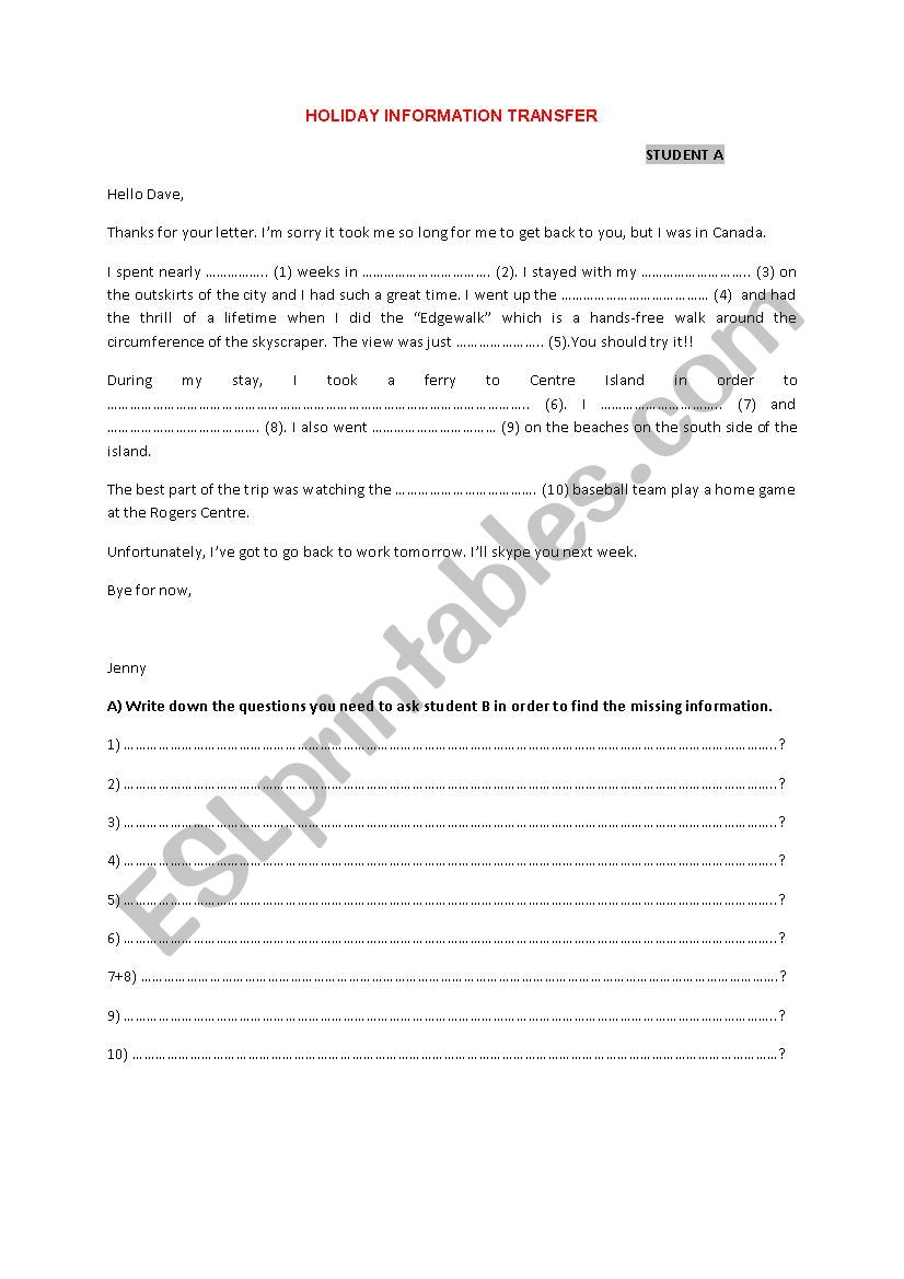 Holiday information transfer worksheet