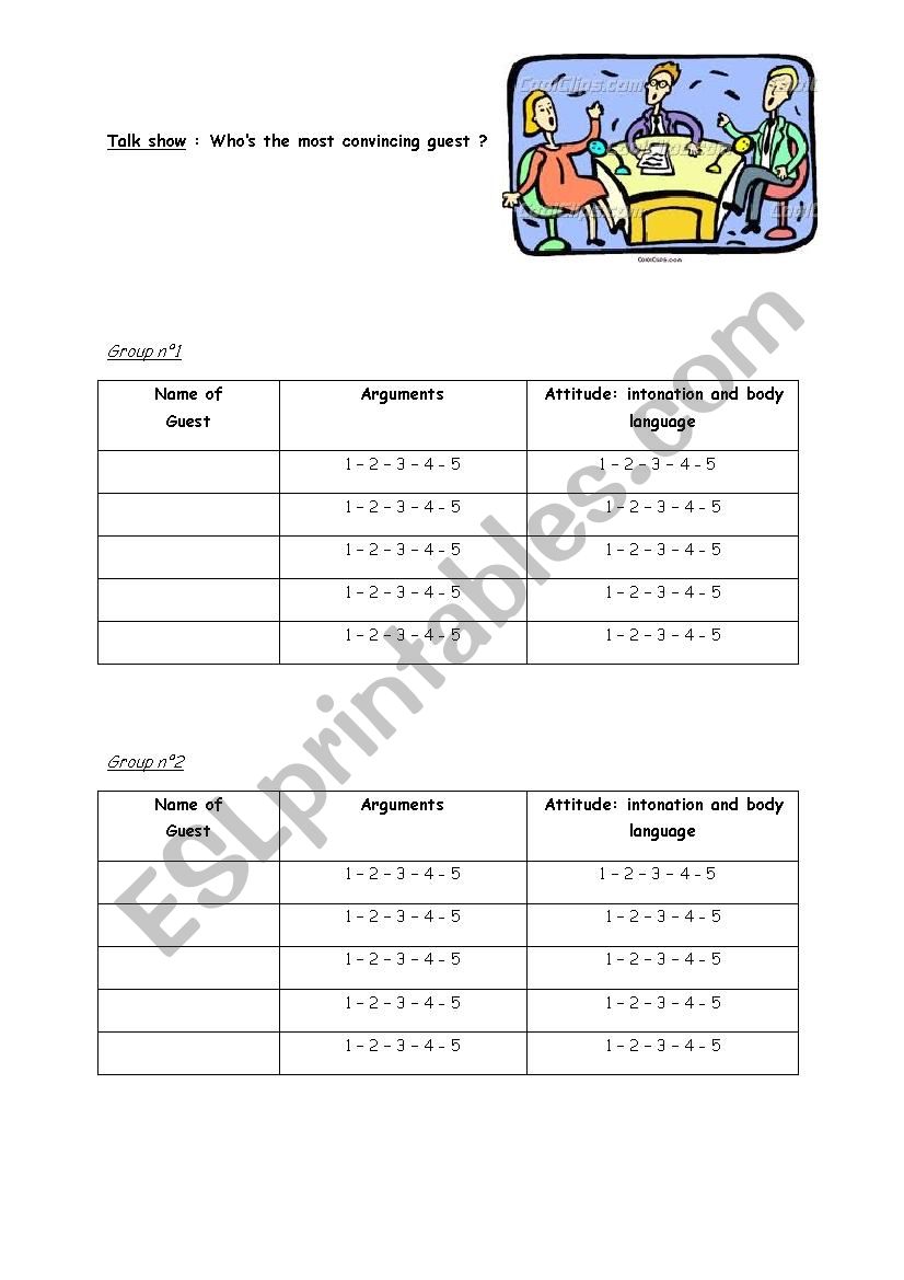 Evaluation Sheet TALK SHOW Who´s the most convincing guest?