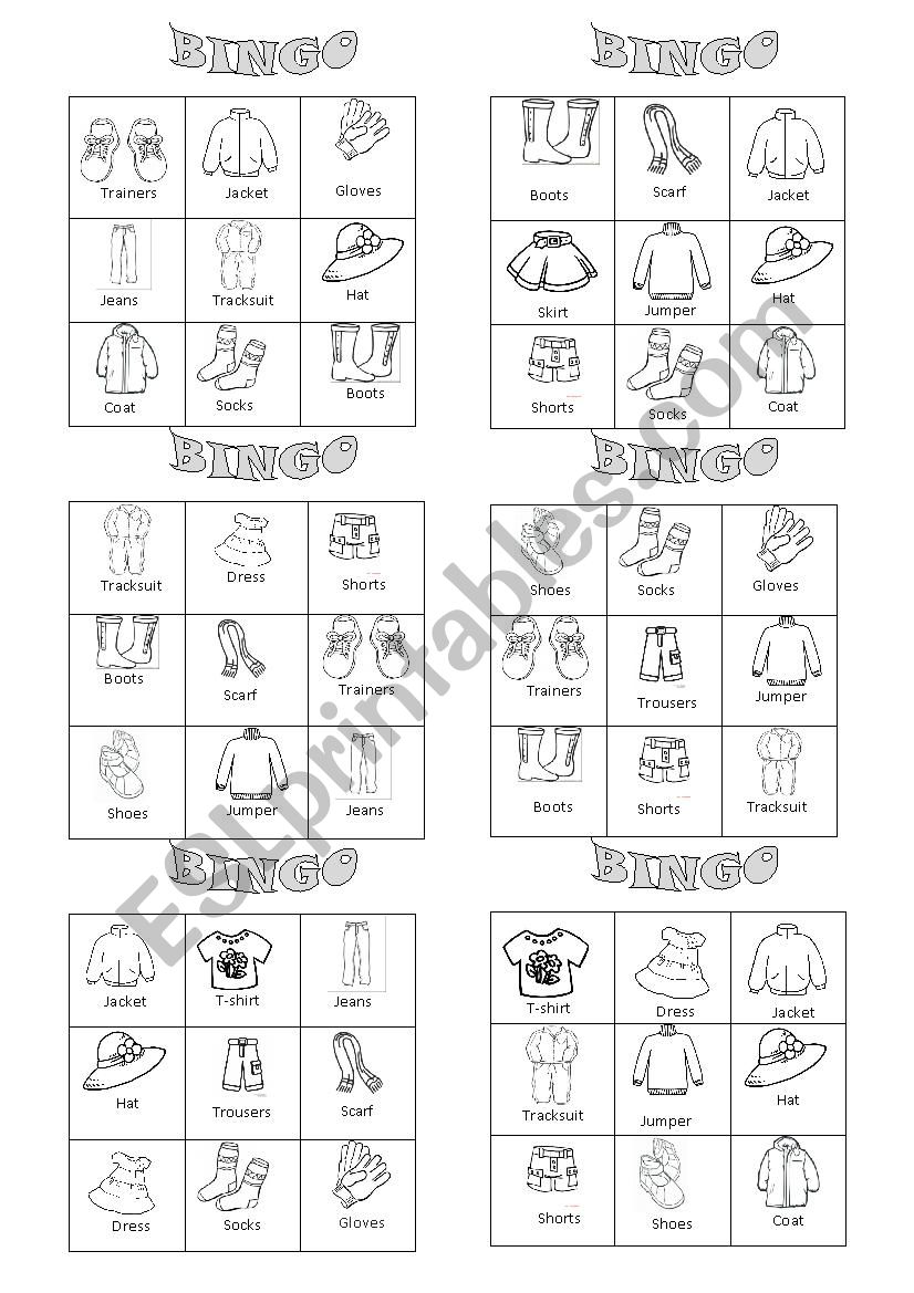 clothes bingo worksheet