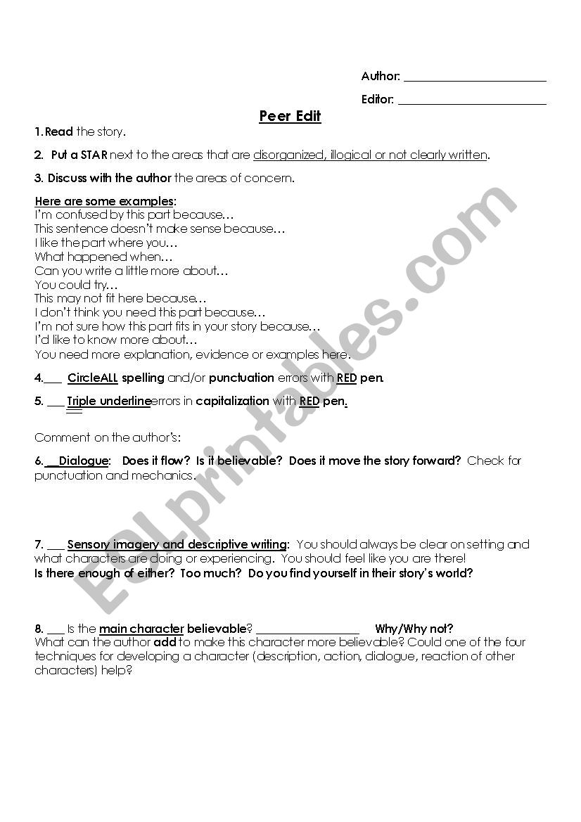 Peer Editing worksheet