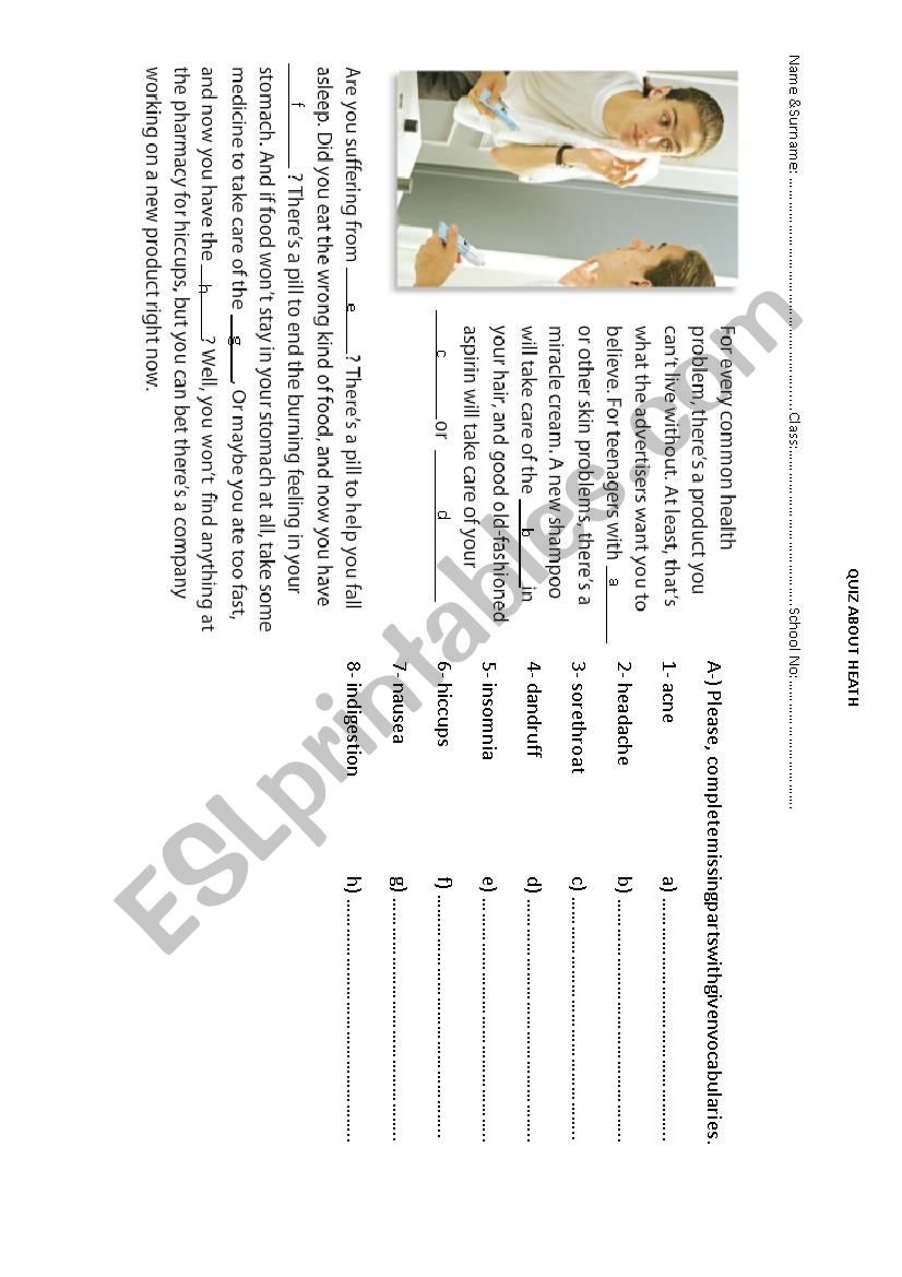 Quiz About Heath worksheet