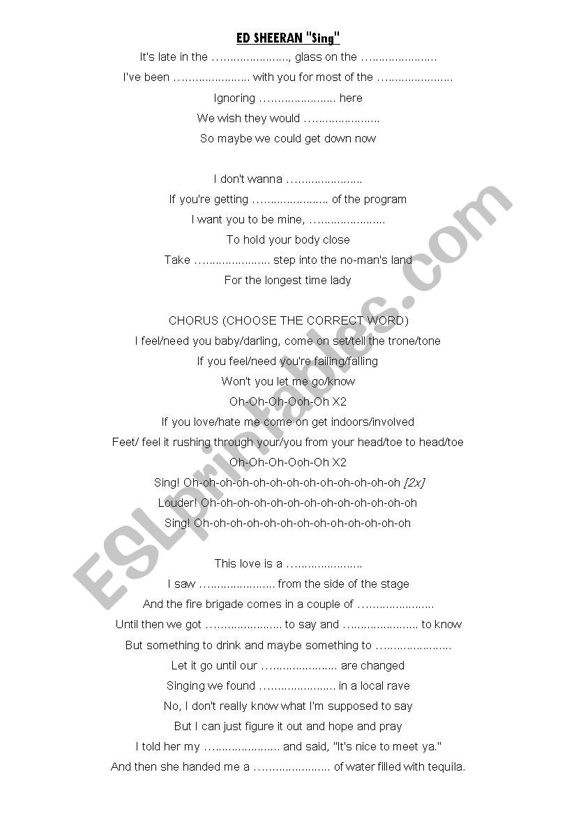Sing - Ed sheeran worksheet