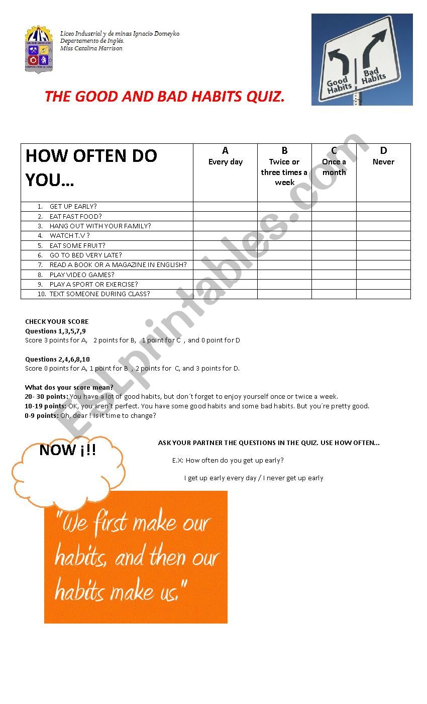 The good and bad habits quiz worksheet