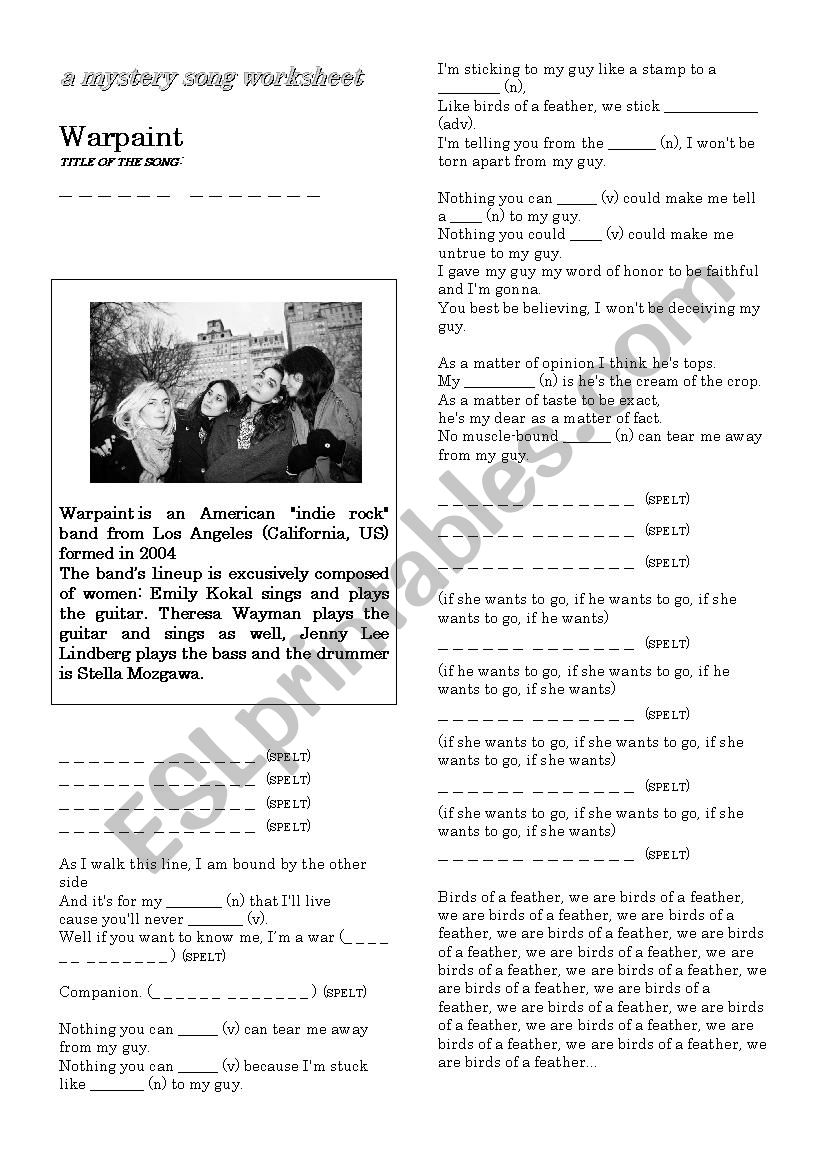 Mystery Song worksheet : Billie Holiday by WARPAINT