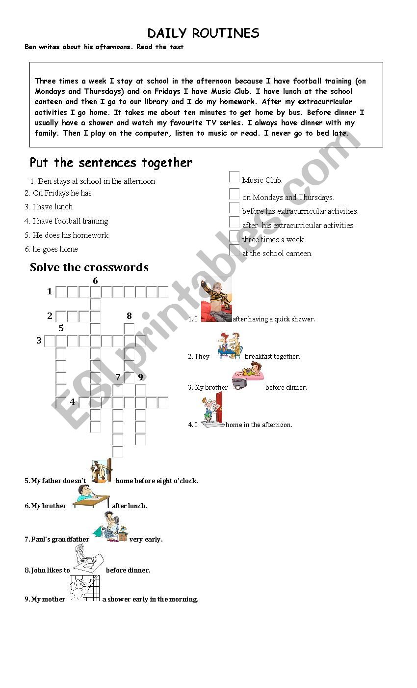 reading comprehension. routines crossword