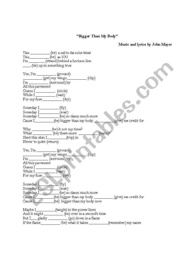 Bigger Than My Body by John Mayer worksheet