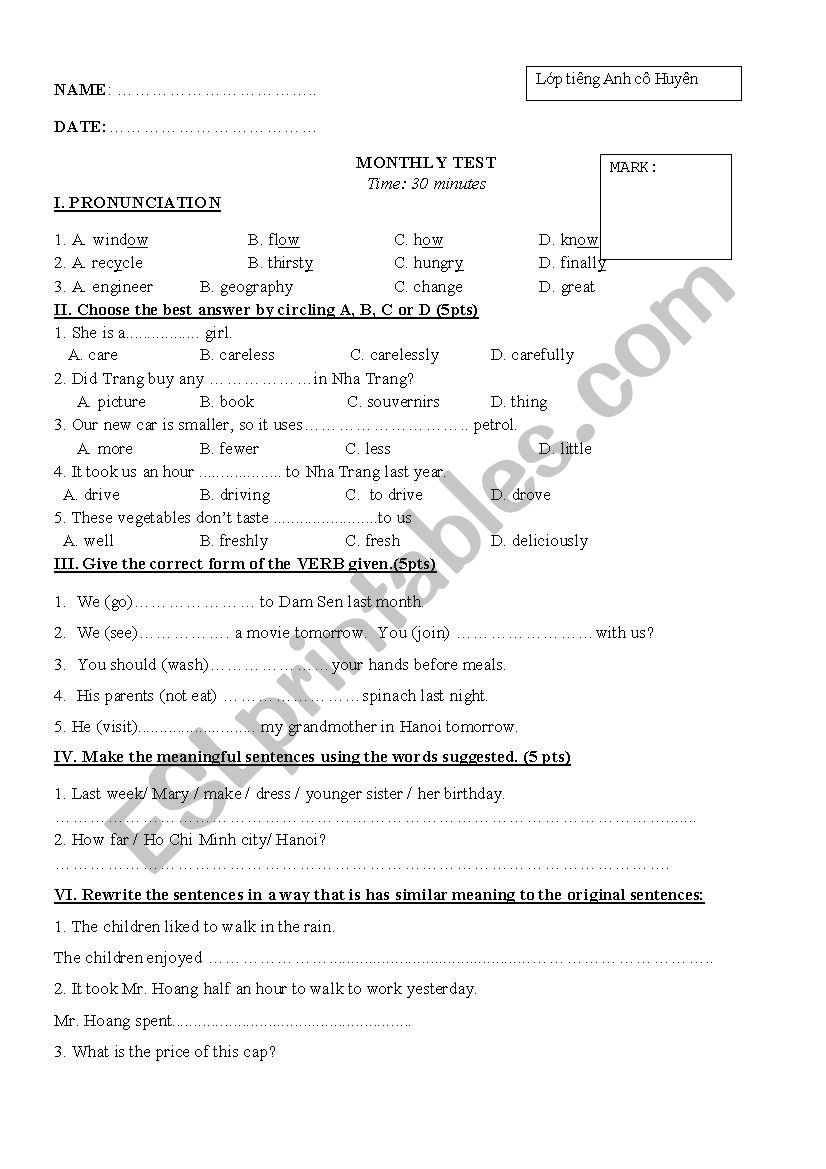 Monthly Test for Pre-intermediate