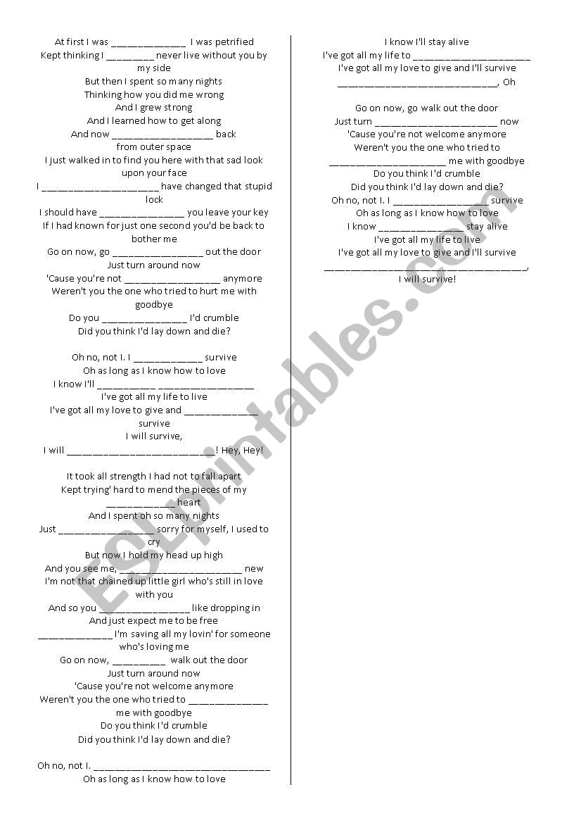 I Will Survive Gap Fill worksheet