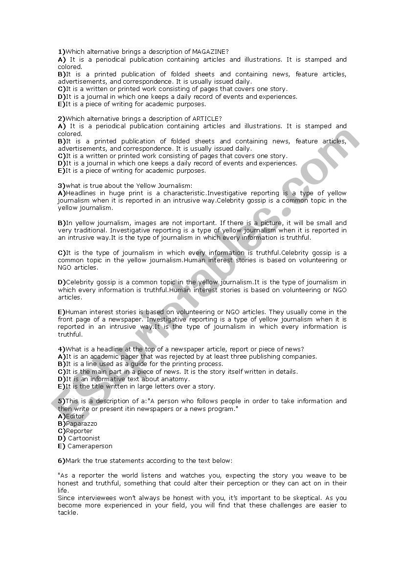 Multiple choice questions about medias