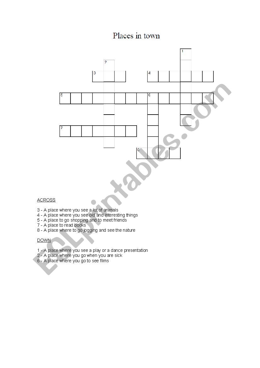 Places in town - Crosspuzzle worksheet