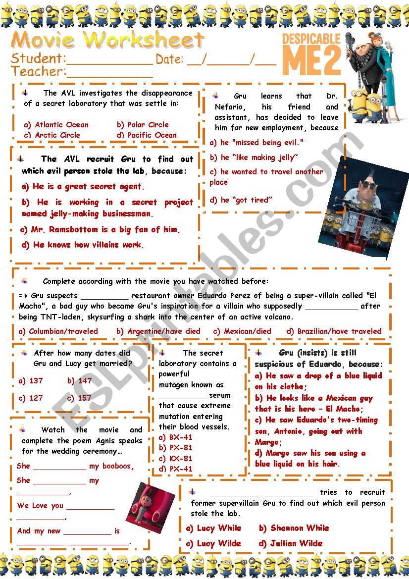 Dispicable me 2 worksheet