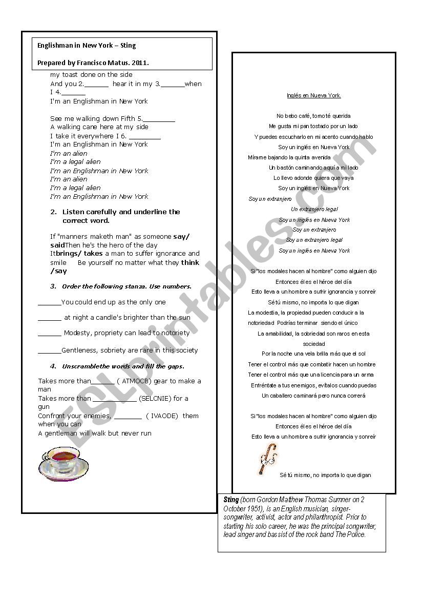 englishman in new york worksheet