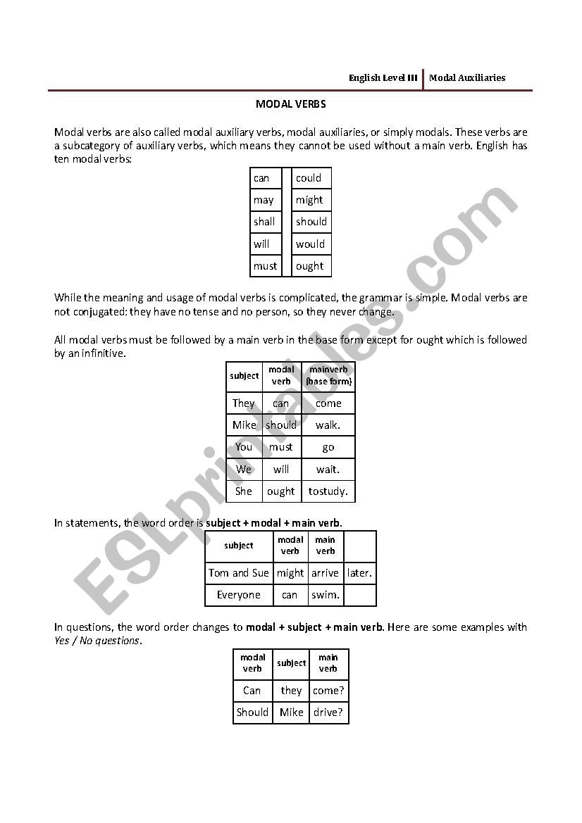 Modal Auxiliaries worksheet