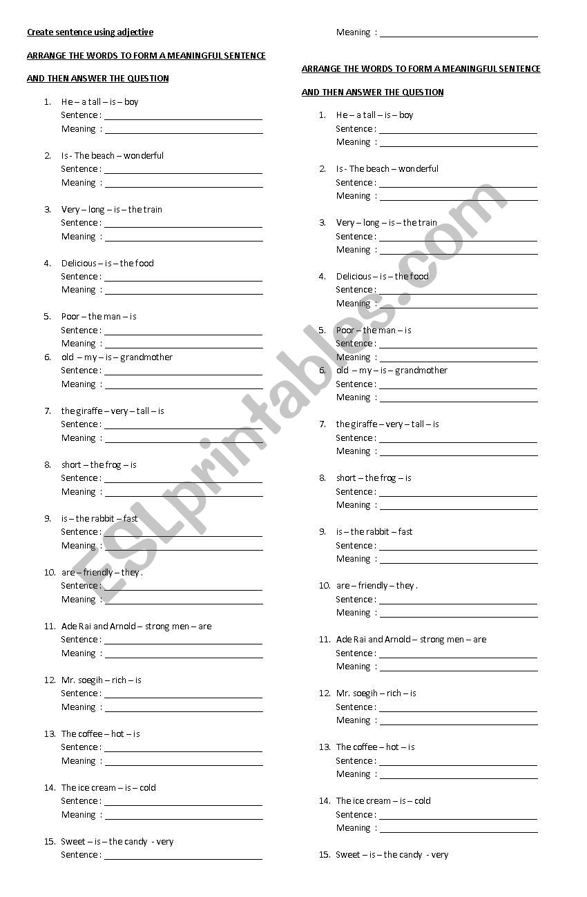 arrange sentence with adjective