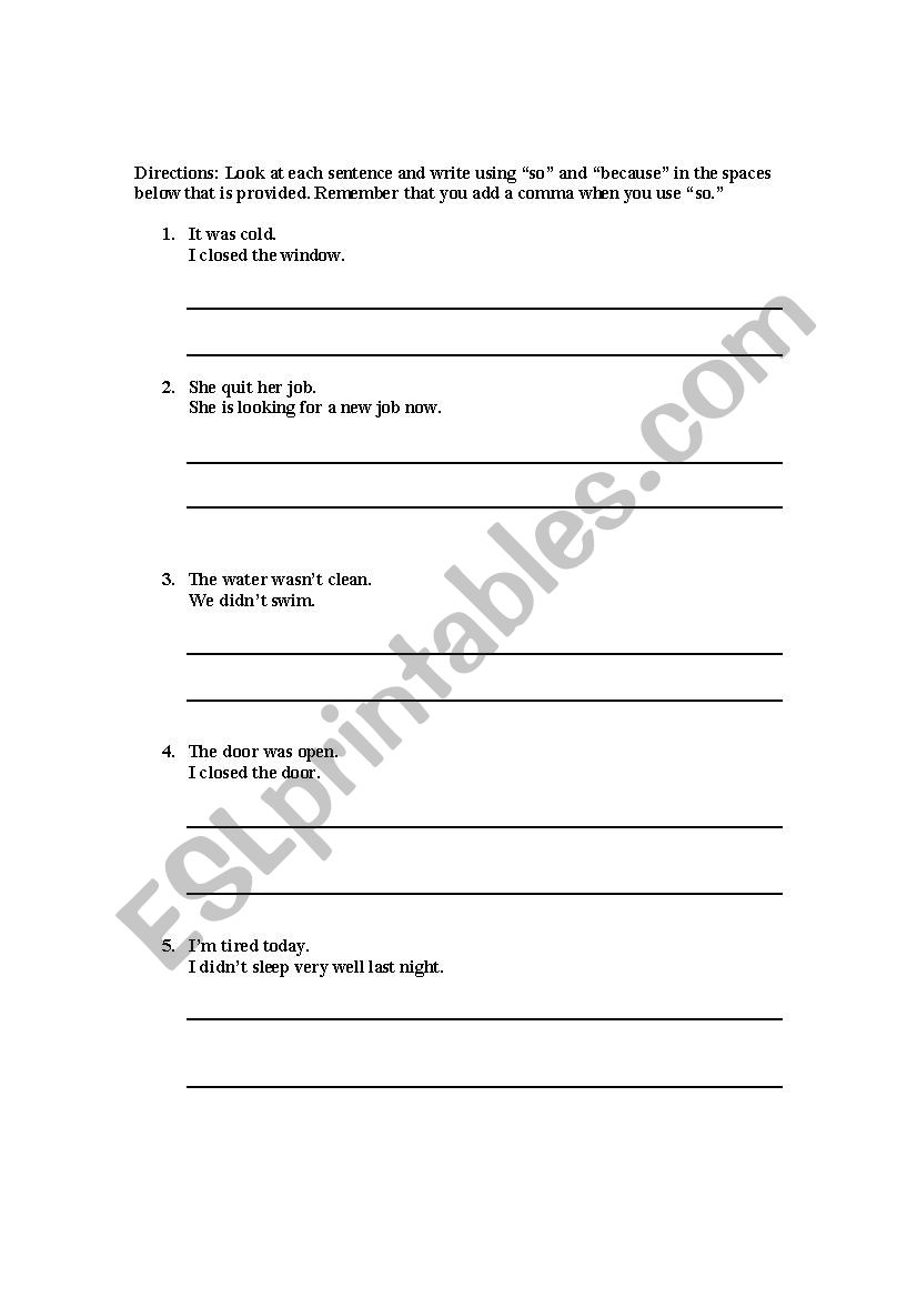 Because or So worksheet worksheet