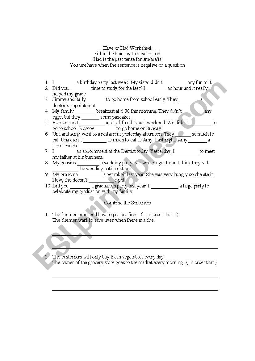 Have or had worksheet worksheet